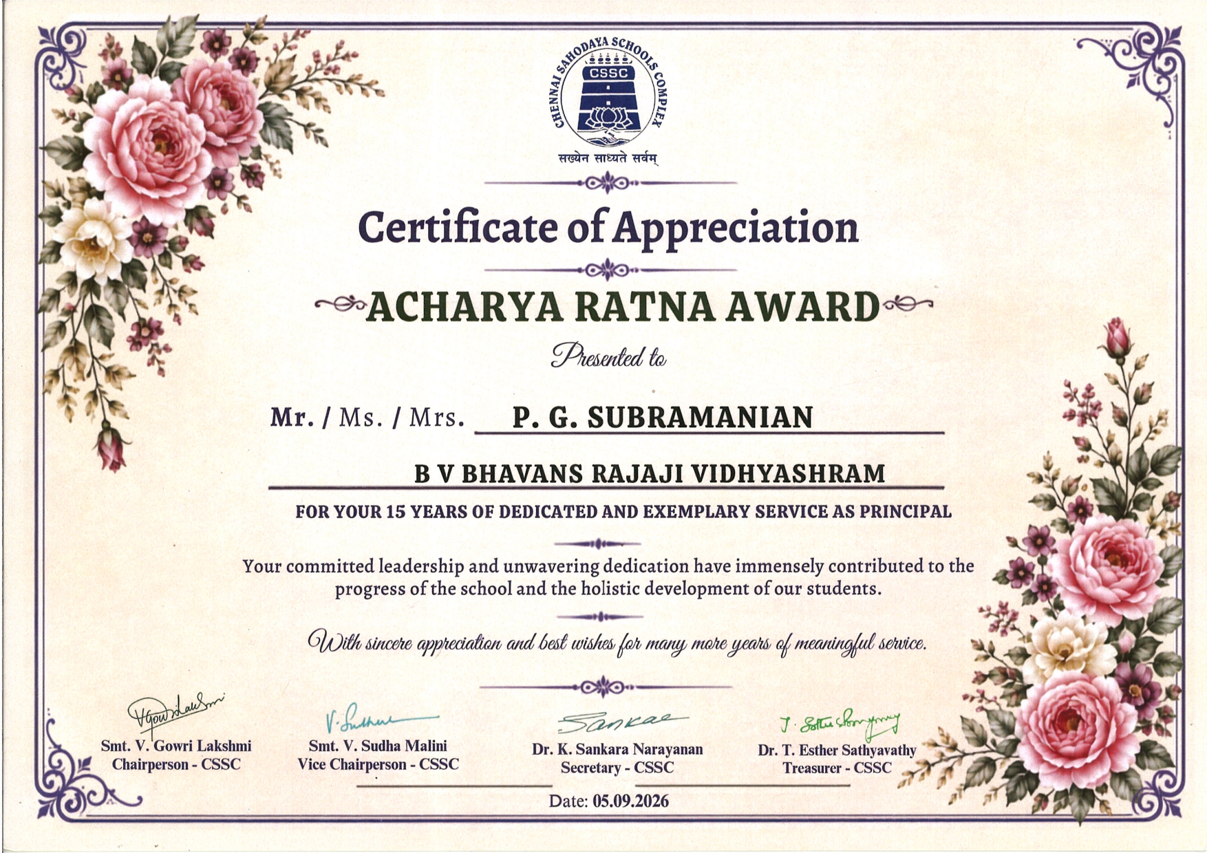 Acharya Ratna Best Principal Award from Chennai Sahodaya Schools Complex (CSSC)